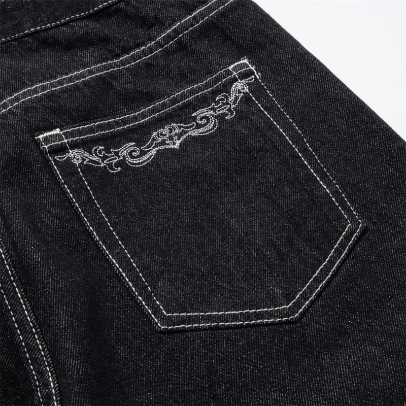 Black Wide-Leg Jeans – Metal Hook Closure & Contrast Stitching Streetwear Denim
