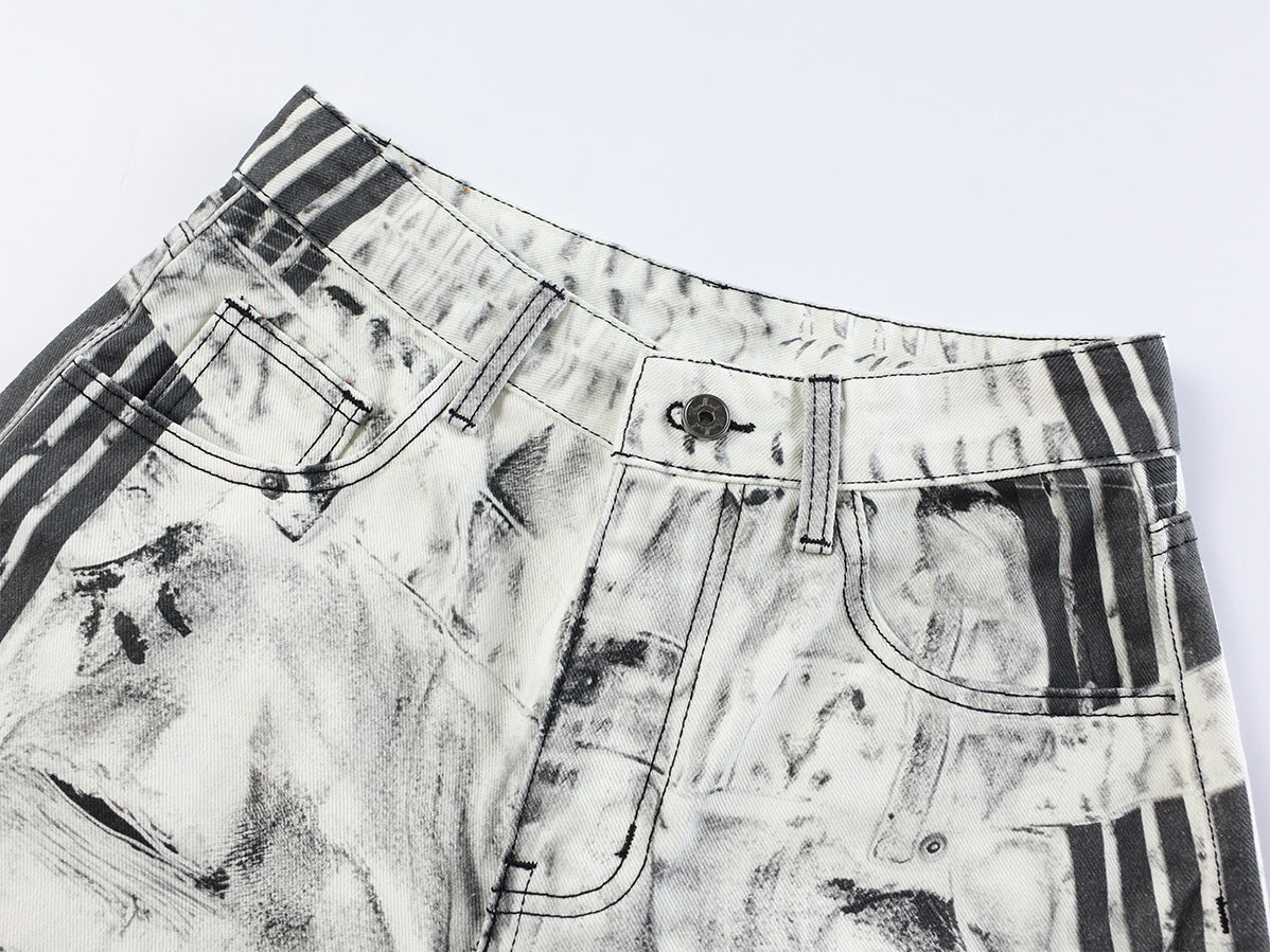 Jean wide leg effet usé – Blanc délavé imprimé 3D, coupe baggy déchirée