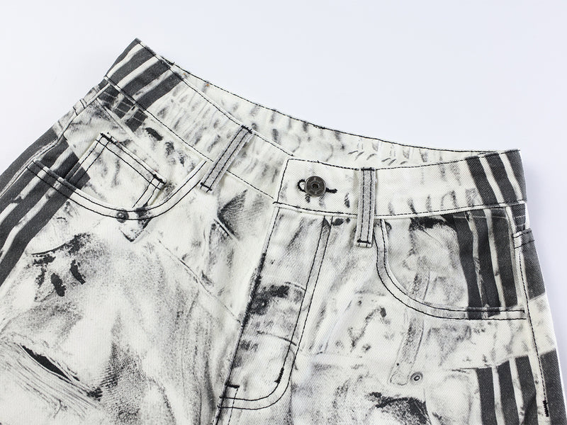Jean wide leg effet usé – Blanc délavé imprimé 3D, coupe baggy déchirée