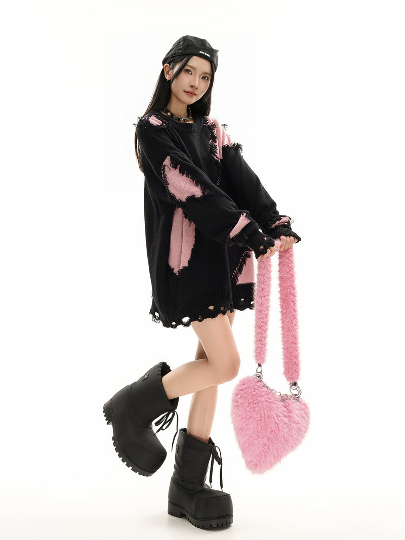Pull en maille color block effet usé – Pull oversize à franges, style high-street