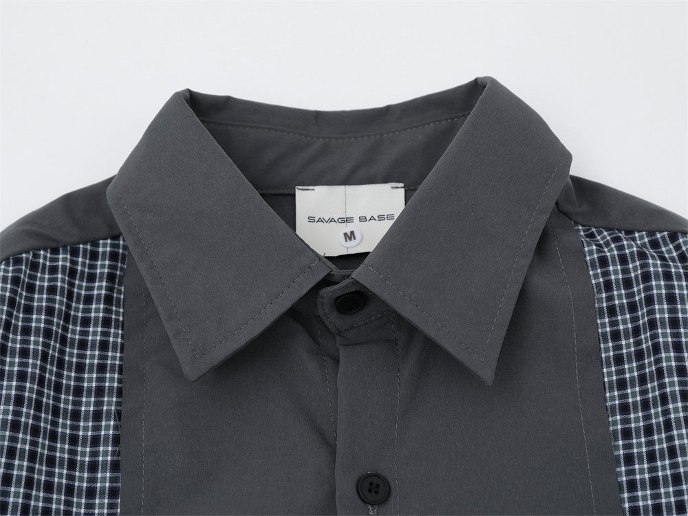 Men's Plaid Patchwork Long Sleeve Button-Up Shirt – Faux Two-Piece Oversized Fit