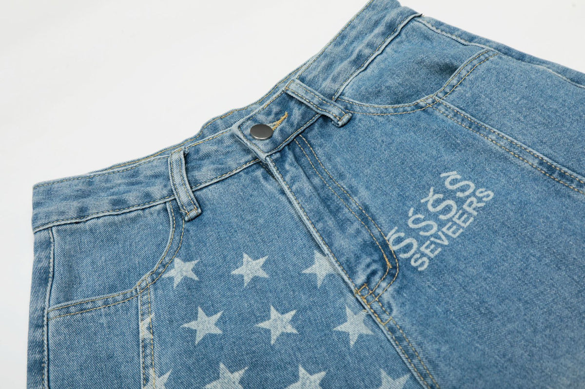 Baggy Star Print Jeans Wide-Leg Denim Pants