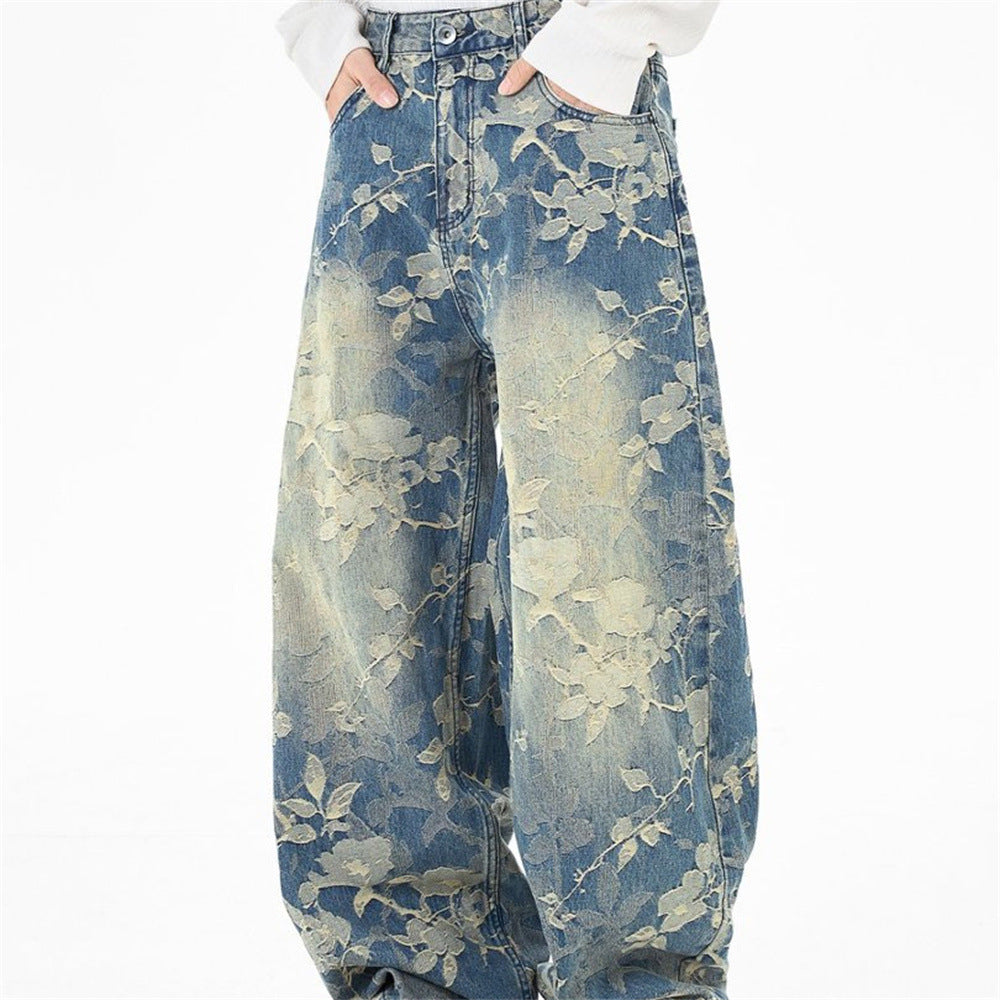 Floral Jacquard Wide-Leg Jeans – Vintage Washed Baggy Denim with Raised Flower