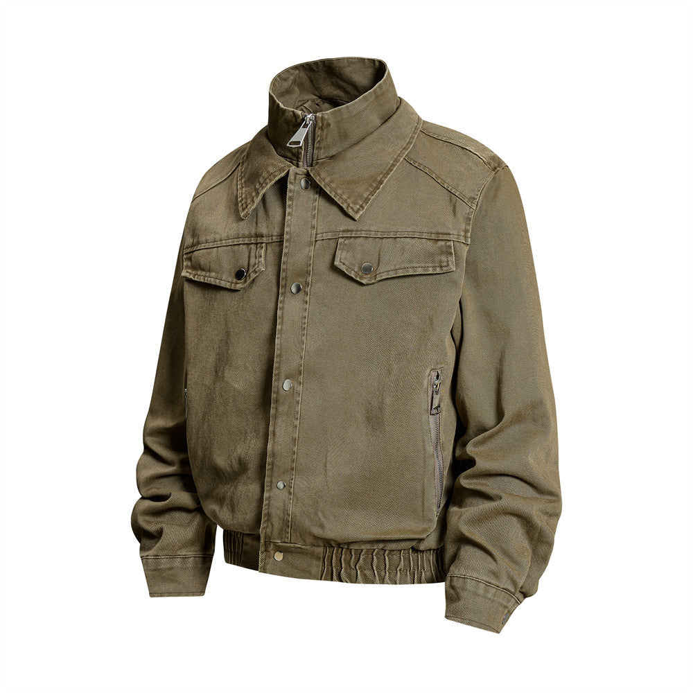 Men's Washed Denim Bomber Jacket – Oversized Fit, Double Collar & Zip Pockets