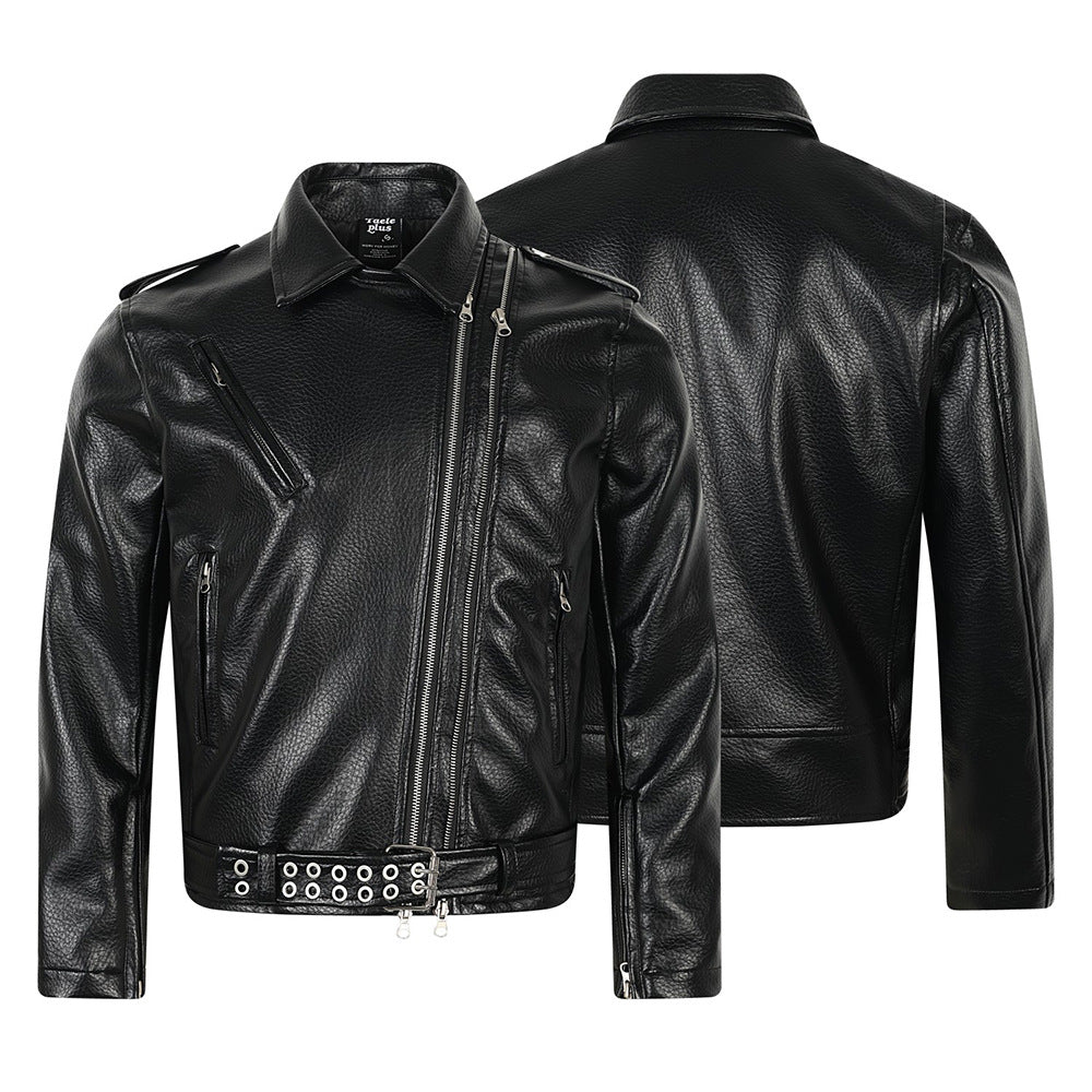Men's Black PU Leather Moto Jacket – Asymmetric Double Zip & Belted Hem