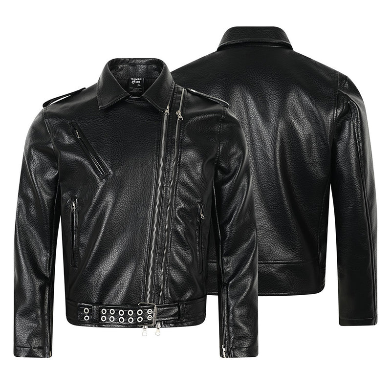 Men's Black PU Leather Moto Jacket – Asymmetric Double Zip & Belted Hem