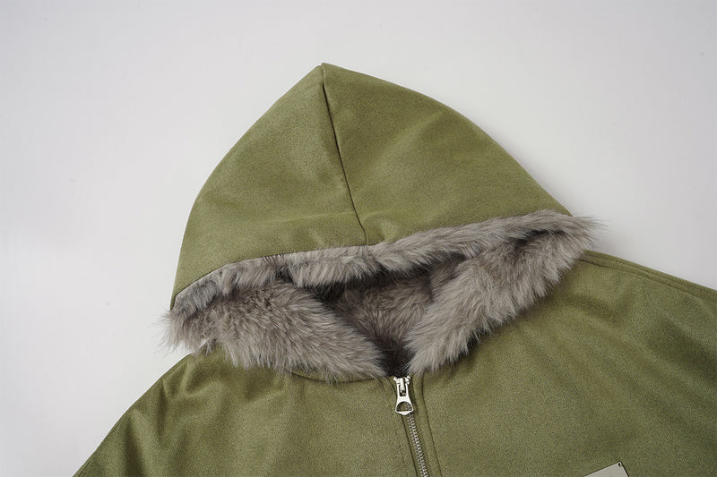 Bomber en suédine avec capuche en fausse fourrure – Manteau d’hiver oversize