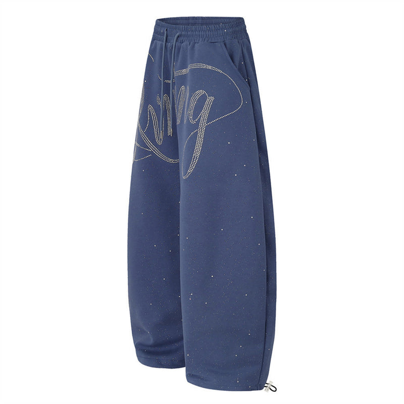 Men's Wide-Leg Sweatpants with Rhinestone Script & Glitter Fabric
