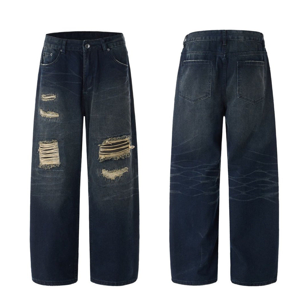 Men's Dark Wash Ripped Wide-Leg Jeans – Distressed Streetwear Denim