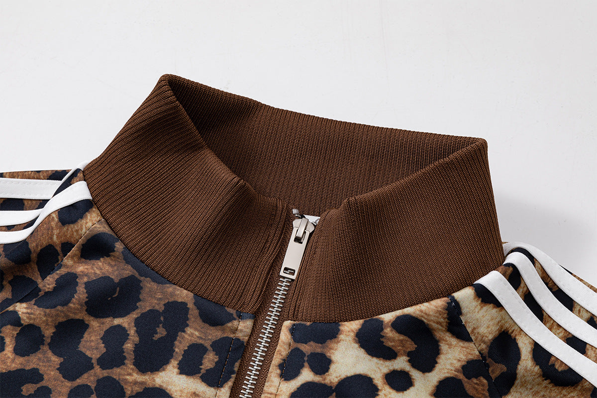 Veste de survêtement imprimé léopard – Col montant zippé et manches à rayures