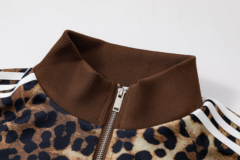 Veste de survêtement imprimé léopard – Col montant zippé et manches à rayures