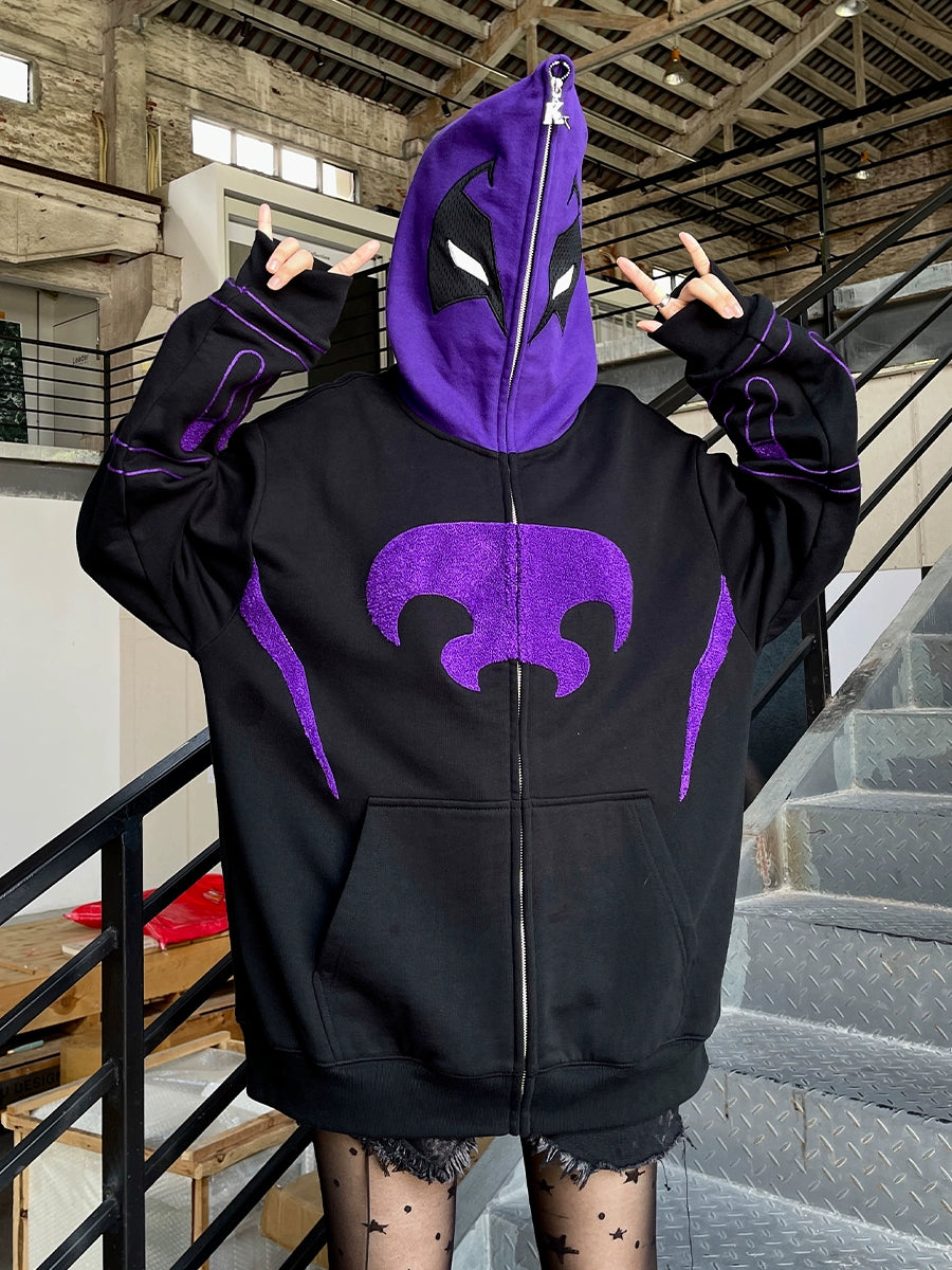 Dark Hero Hoodie - 400GSM Oversized Black and Purple Superhero Zip-Up Sweatshirt