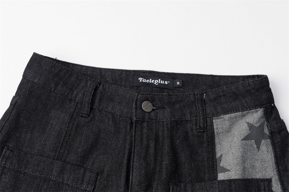 Black Baggy Jeans Men Star Print Patchwork Wide-Leg Denim Pants