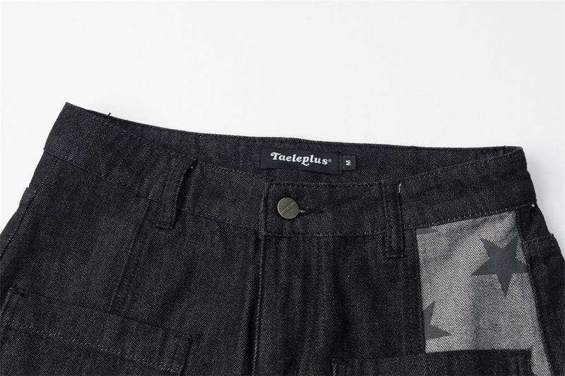 Black Baggy Jeans Men Star Print Patchwork Wide-Leg Denim Pants