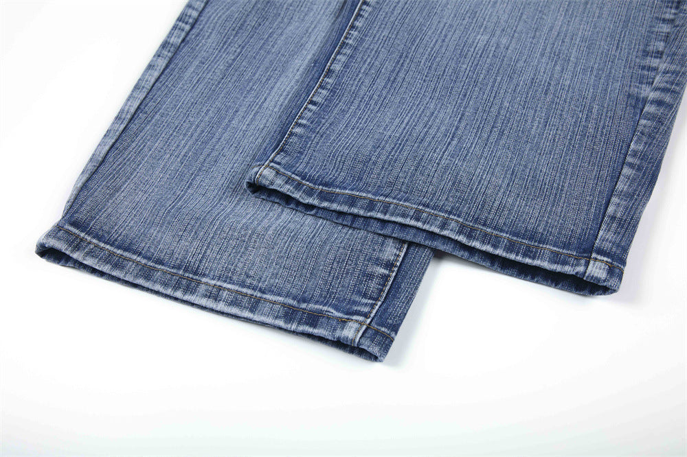 Wide-Leg Jeans Men's Washed Denim with Tribal Wing Graphic Print