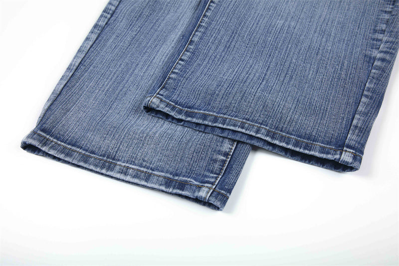 Wide-Leg Jeans Men's Washed Denim with Tribal Wing Graphic Print