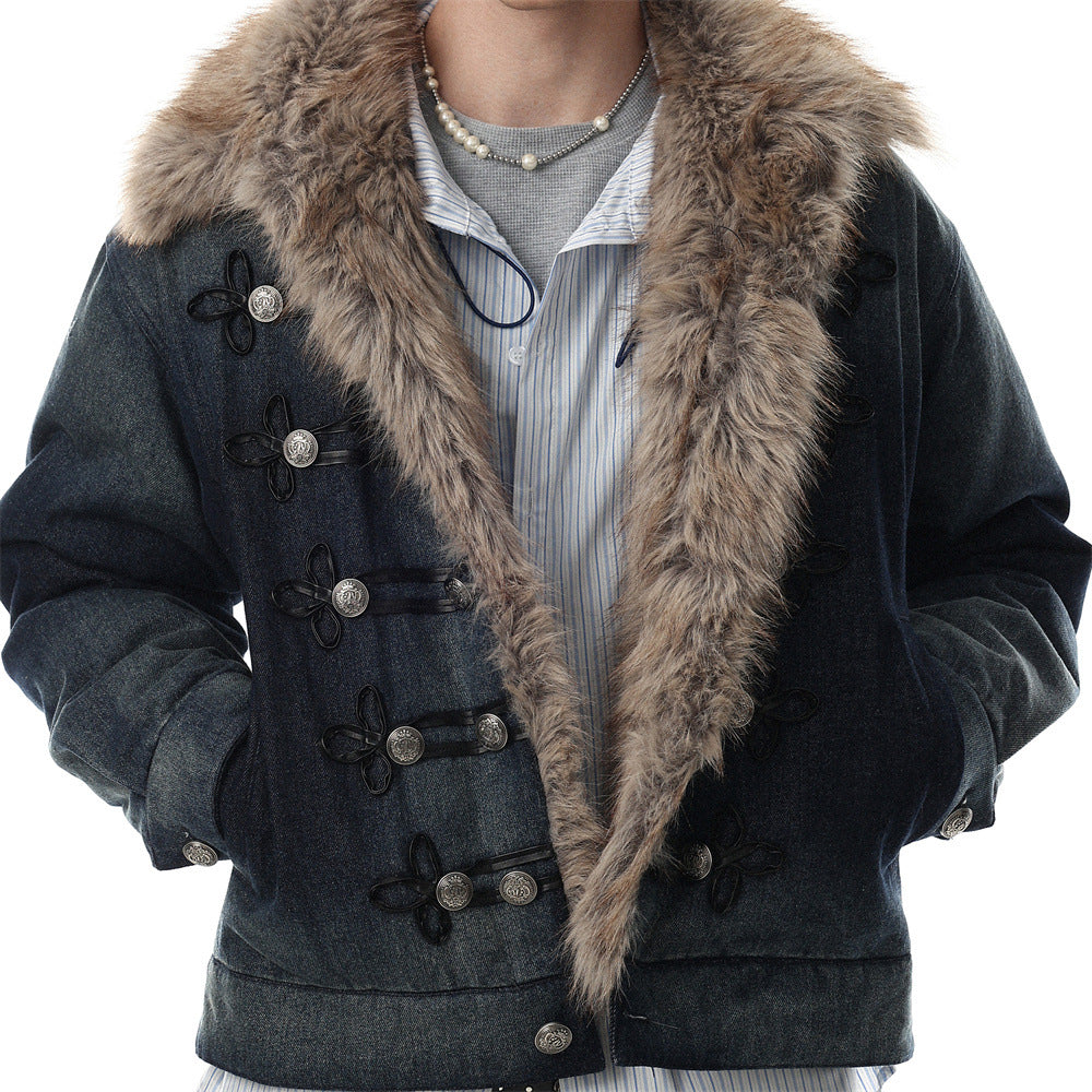 Men's Denim Jacket with Faux Fur Collar & Military Frog Button Closure