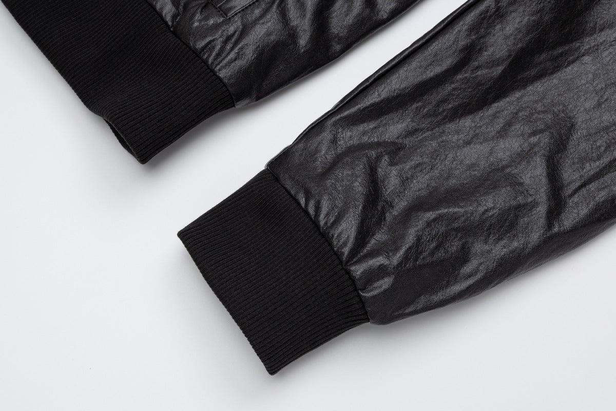 Blouson bomber en similicuir PU brodé – Style vintage racing et flight américain