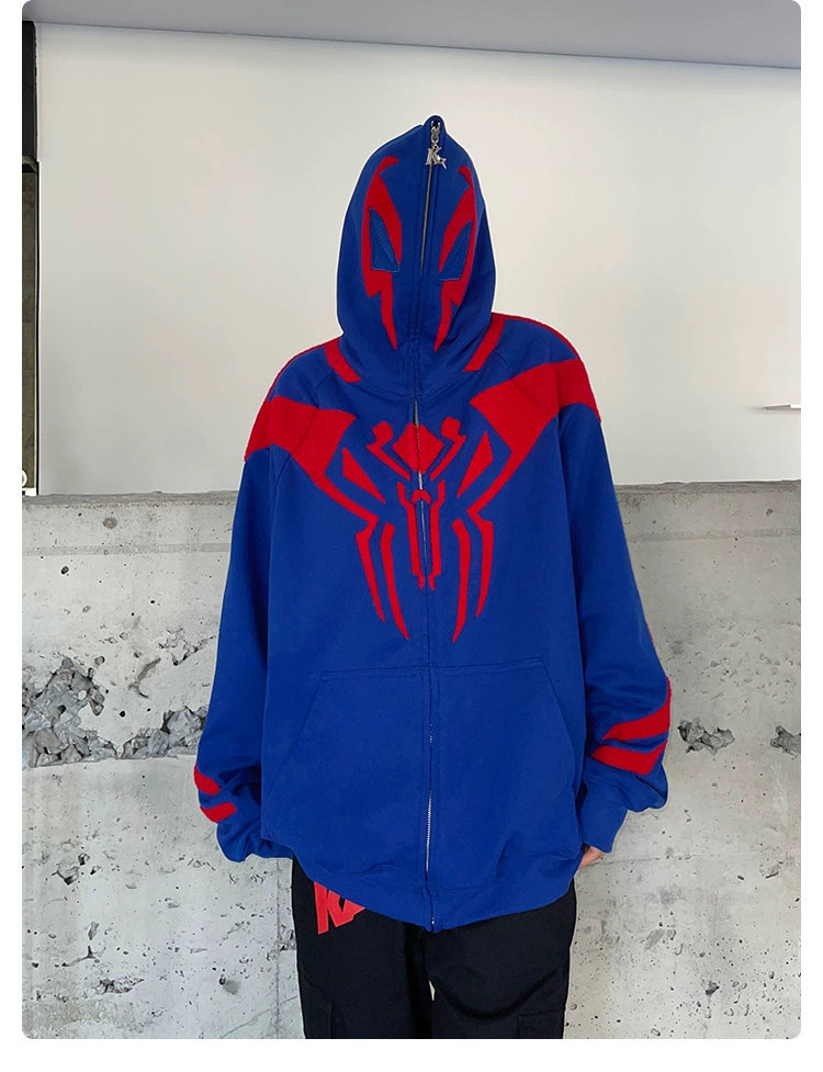 Superhero Spider Hoodie - 400GSM Oversized Blue and Red Zip-Up Sweatshirt for Fans