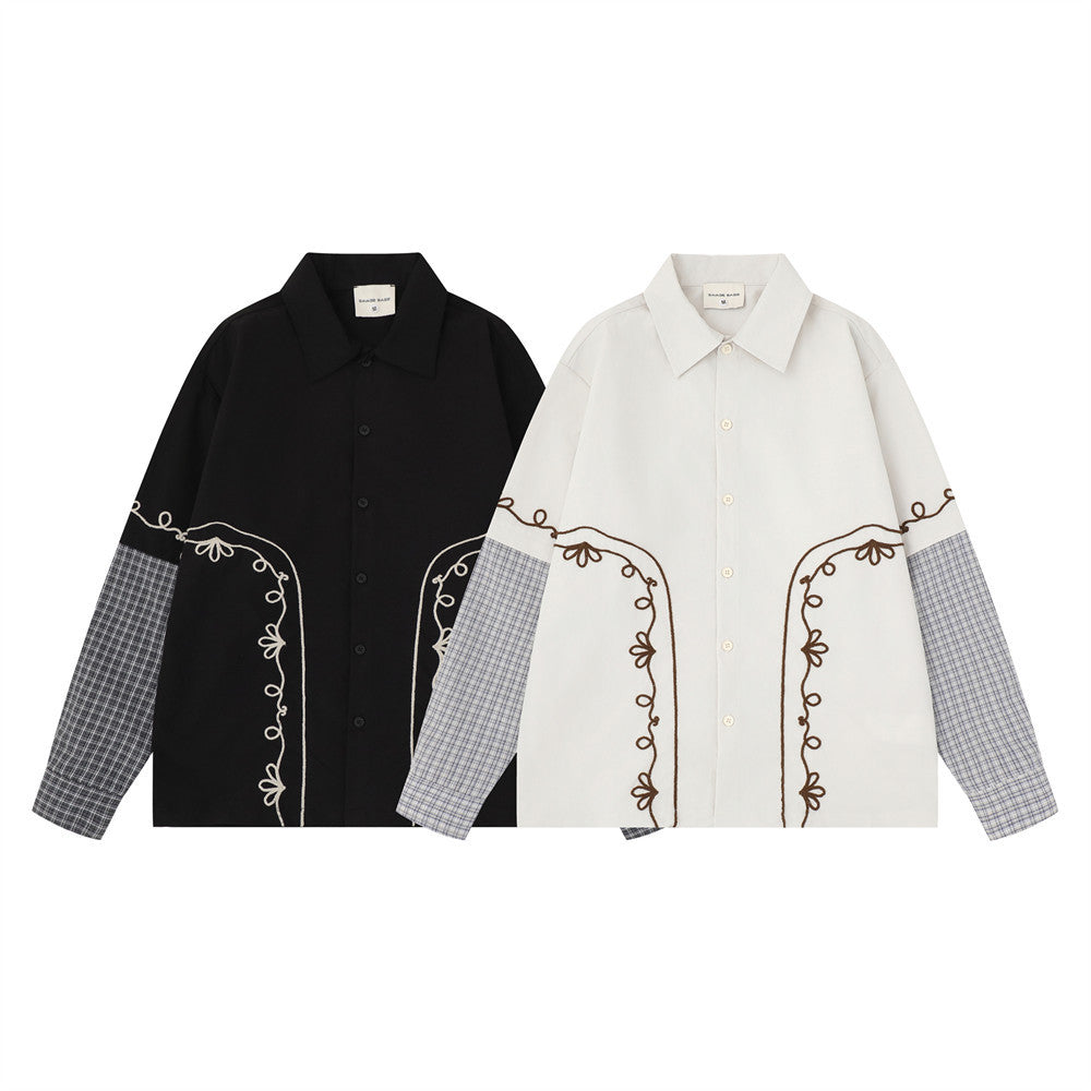 Embroidered Patchwork Plaid Long Sleeve Shirt – Oversized Floral Vine Design
