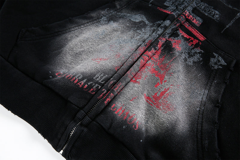 Sweat à capuche zippé délavé – Graphique vintage usé, style street américain