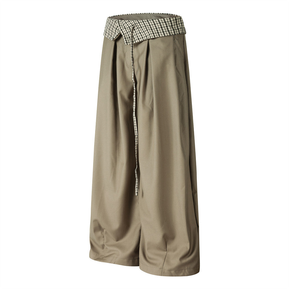 Wide-Leg Trousers with Gingham Fold-Over Waistband – Relaxed Drape Dress Pants