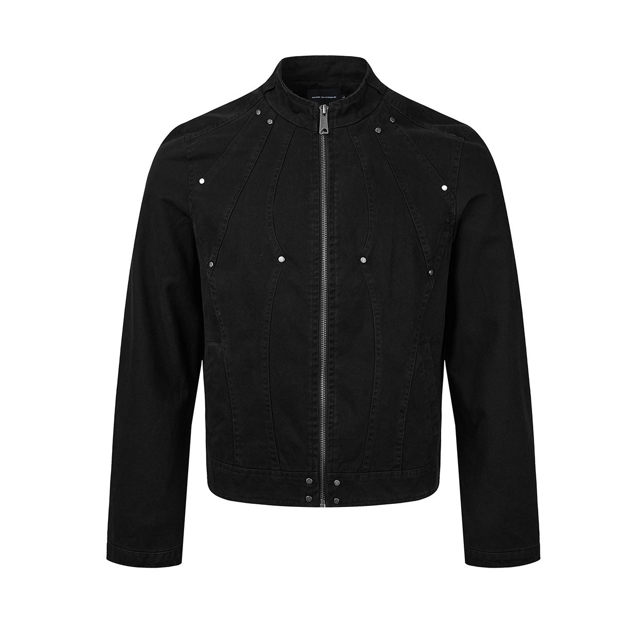 Washed Denim Moto Jacket – Studded Deconstructed Biker Style