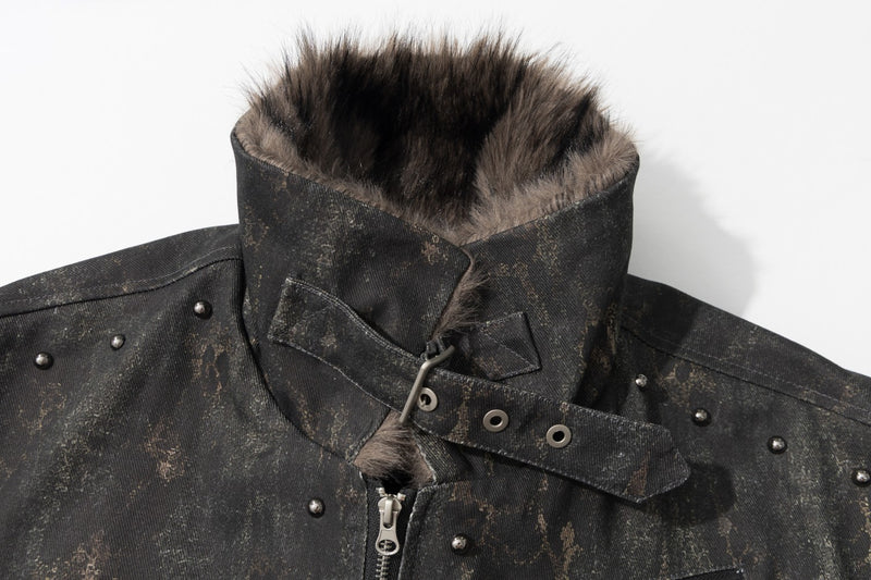 Men's Faux Fur Trim Biker Jacket – Vintage Distressed Leopard Print