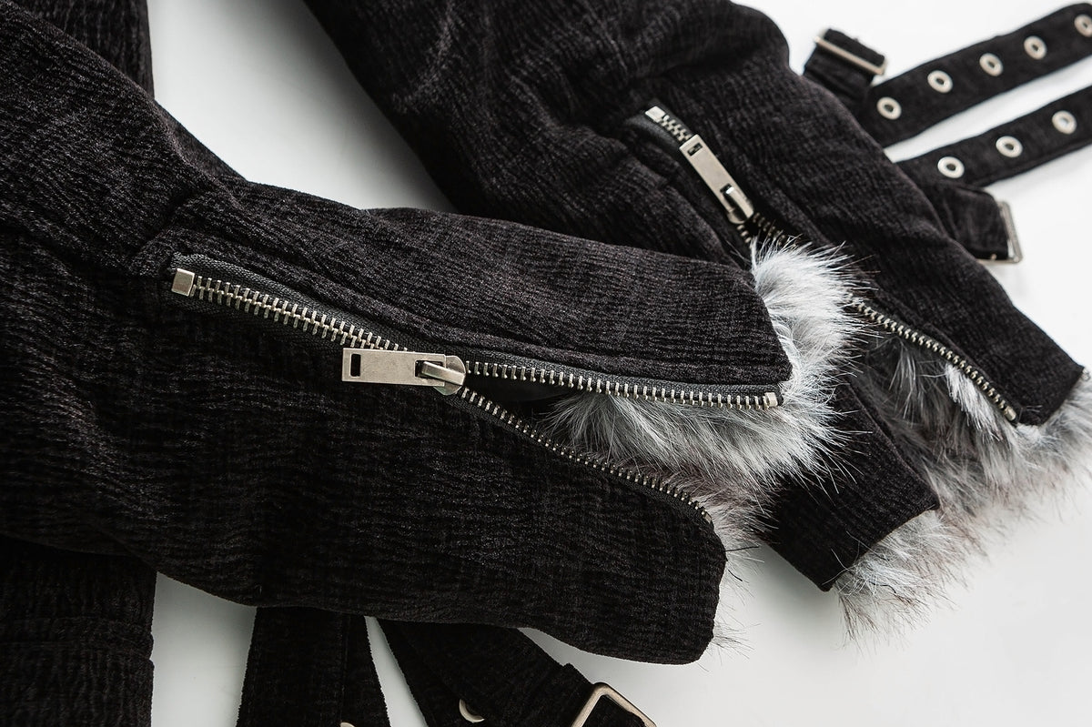 Faux Fur Lined Chenille Moto Jacket – Black Winter Biker Coat with Fur Collar &