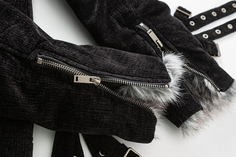 Faux Fur Lined Chenille Moto Jacket – Black Winter Biker Coat with Fur Collar &