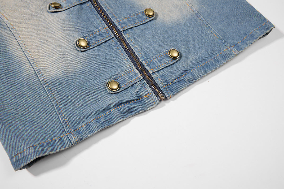 Military-Style Washed Denim Jacket – Stand Collar, Double-Breasted Button Detail
