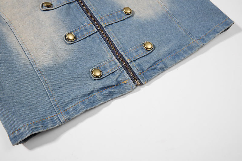 Military-Style Washed Denim Jacket – Stand Collar, Double-Breasted Button Detail