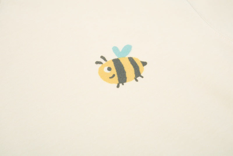Cartoon Insect & Leaf Print Cotton T-Shirt