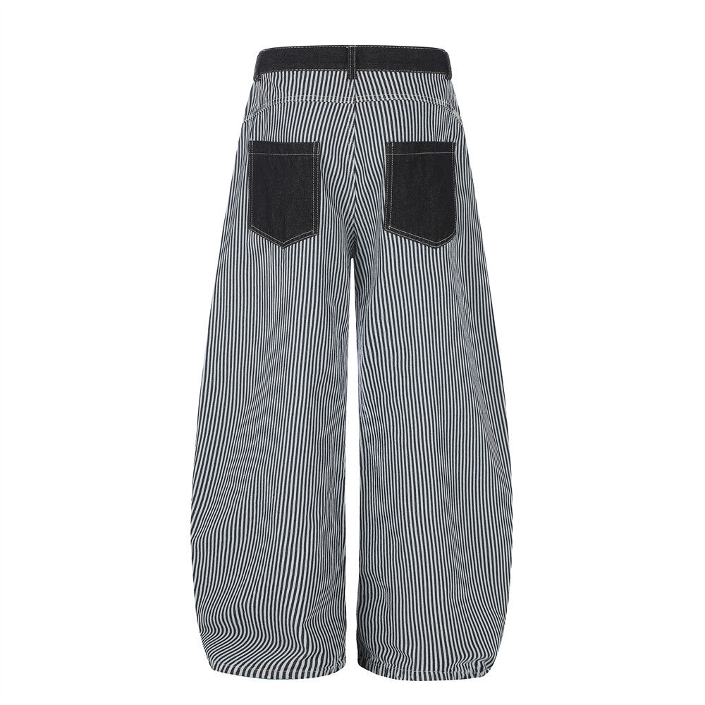 Striped Wide-Leg Barrel Jeans with Contrast Denim Pockets