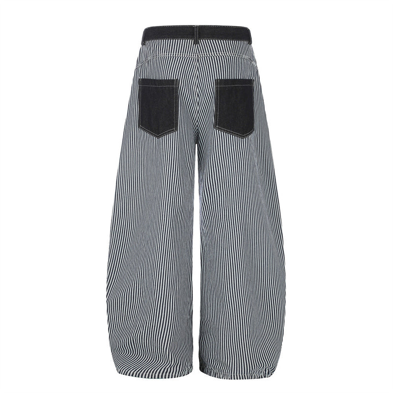 Striped Wide-Leg Barrel Jeans with Contrast Denim Pockets