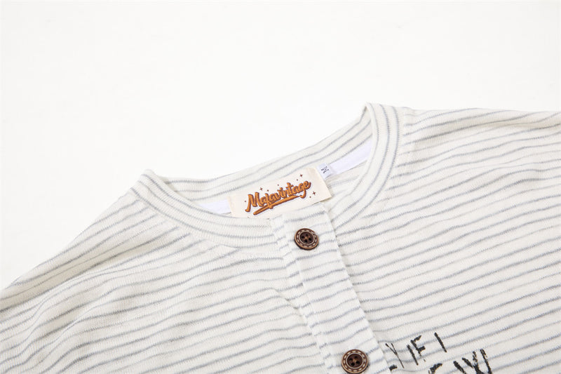 Striped Shirt Long Sleeve Men's Henley with Abstract Butterfly Graphic