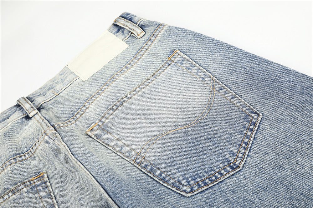 Wide-Leg Distressed Jeans – Men's Light Wash Ripped Straight-Fit Denim