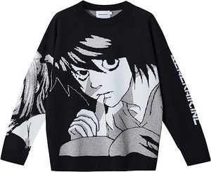 The Premium Death Note-Inspired Knit Sweater from Death Note features a black long-sleeve design with a monochrome L and Misa Amane jacquard illustration, depicting a wide-eyed character with a finger to their mouth and matching sleeve scene.