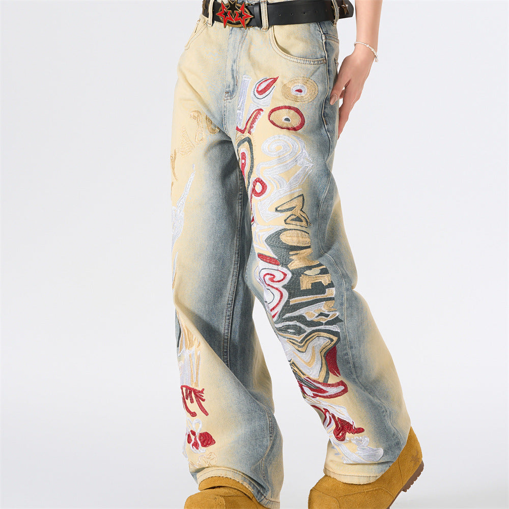 Graffiti Embroidered Wide-Leg Jeans – Punk Distressed Vintage Denim