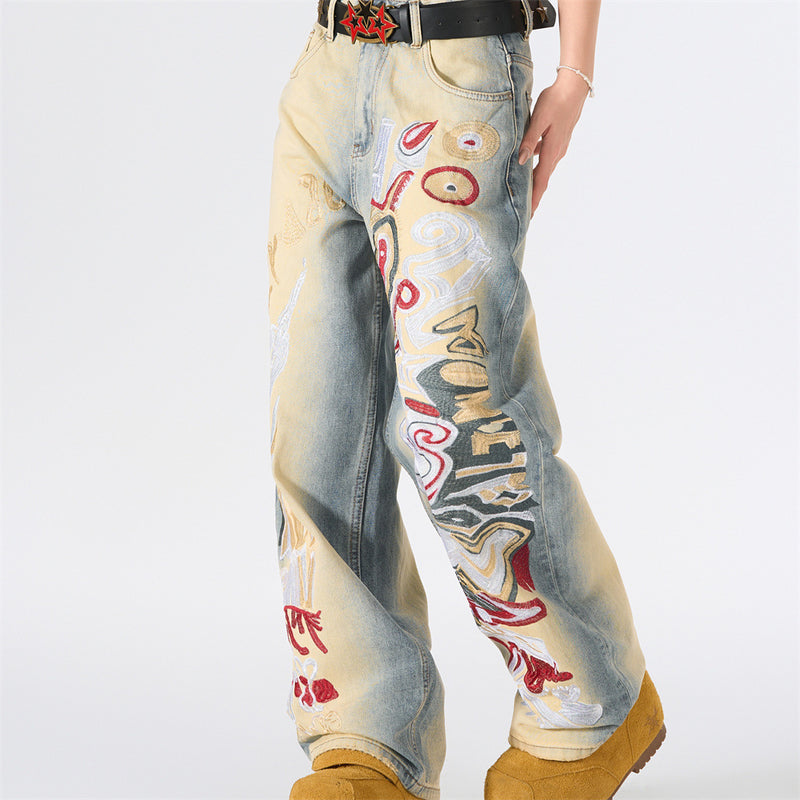 Graffiti Embroidered Wide-Leg Jeans – Punk Distressed Vintage Denim