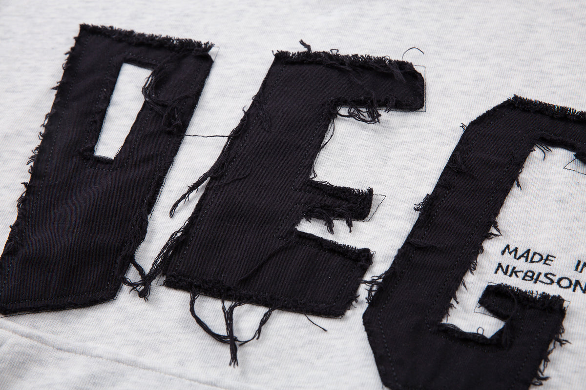 DEG Patch Letter Oversized Hoodie – Frayed Appliqué Streetwear Pullover