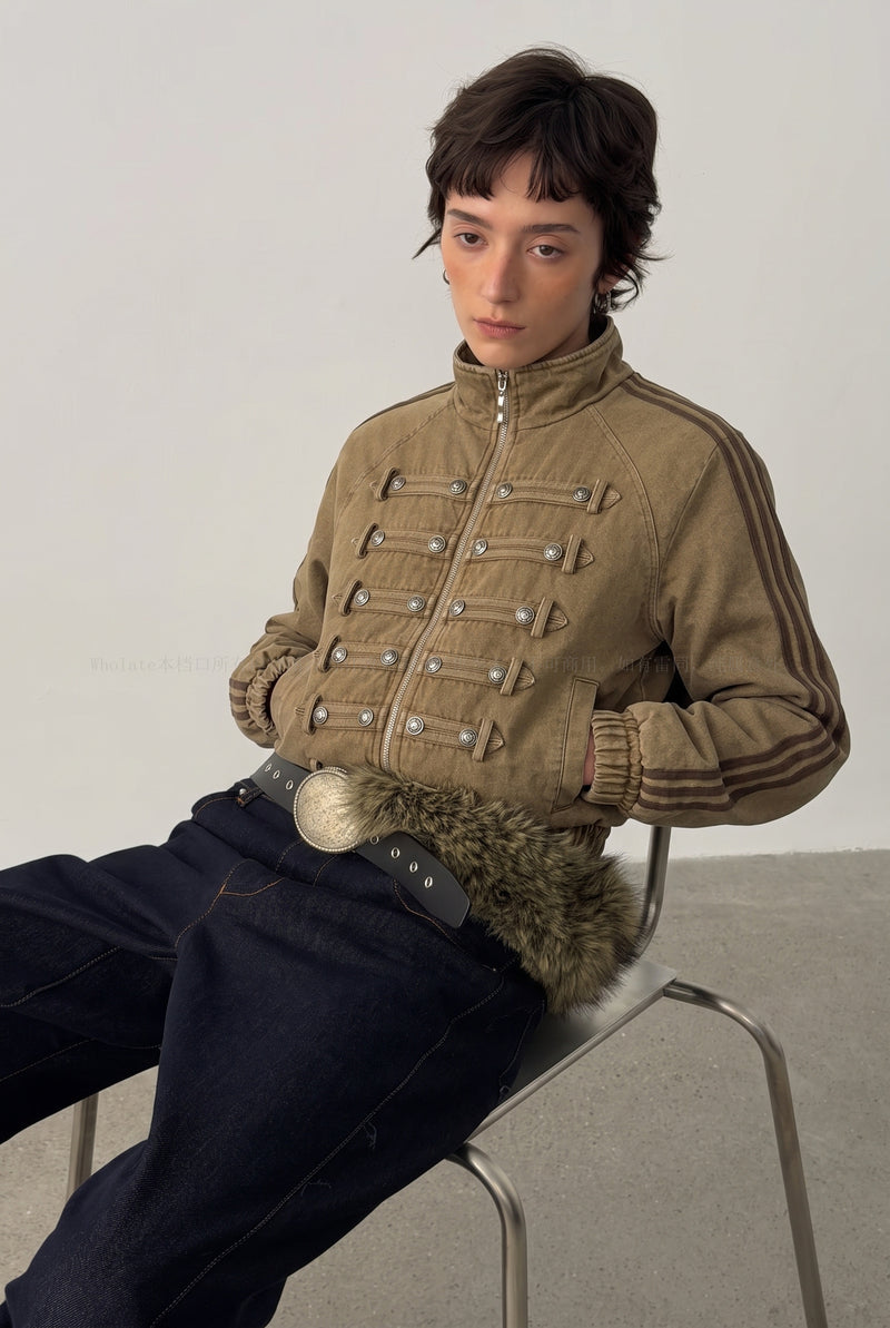 Military Napoleon Button Padded Jacket – Vintage Washed Court-Style Bomber