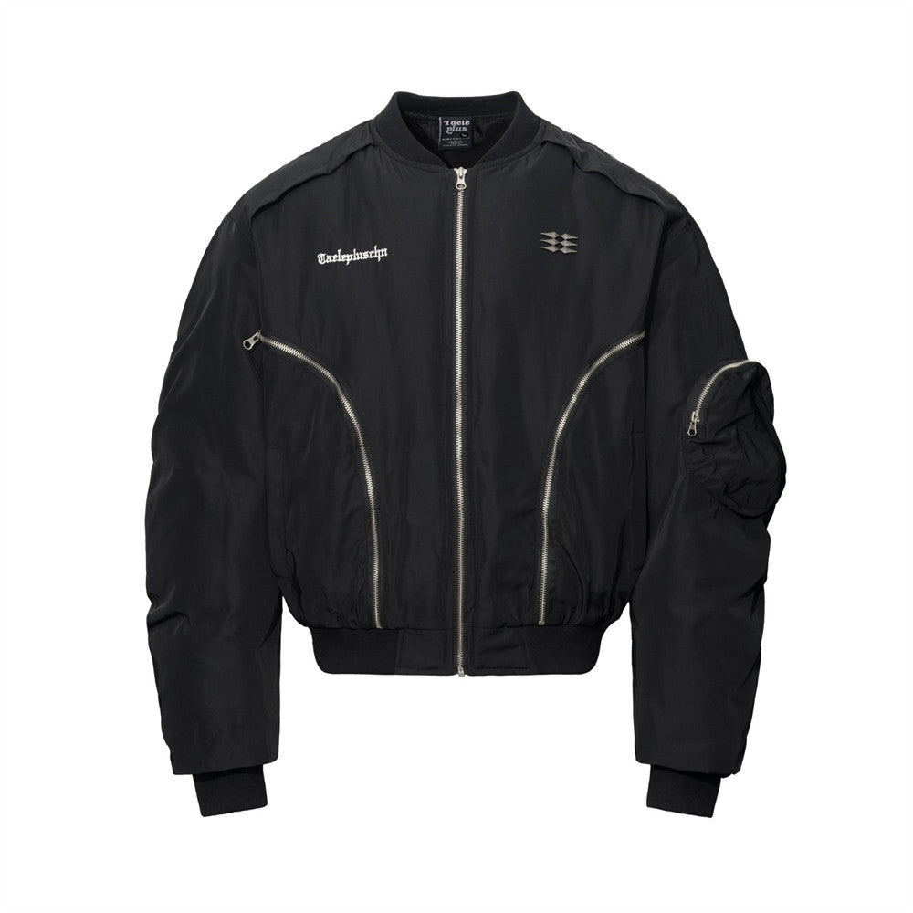 Men's Oversized Padded Bomber Jacket with Ruched Sleeves & Multi-Zip Detail