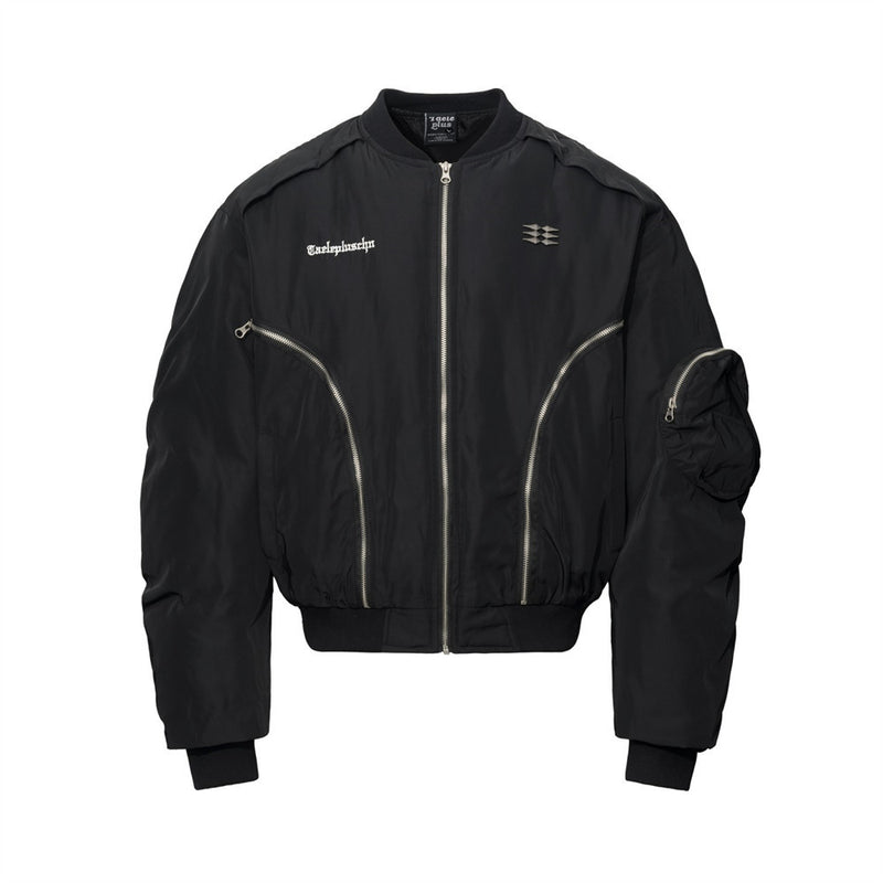 Men's Oversized Padded Bomber Jacket with Ruched Sleeves & Multi-Zip Detail