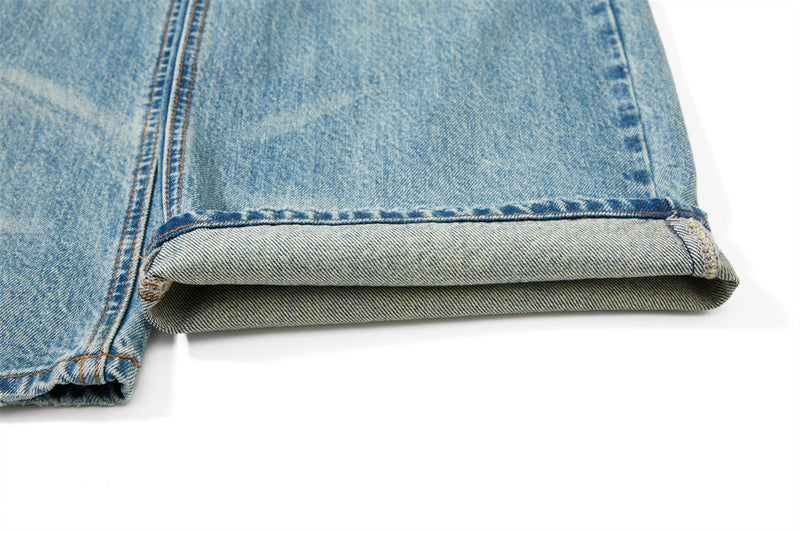 Men's Straight Fit Jeans Baggy Wide-Leg Washed Vintage Light Blue Denim