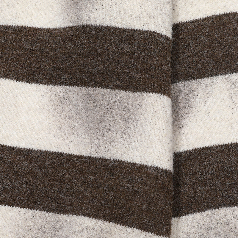 Brown and White Striped Sweater – Henley Neck Knit Pullover
