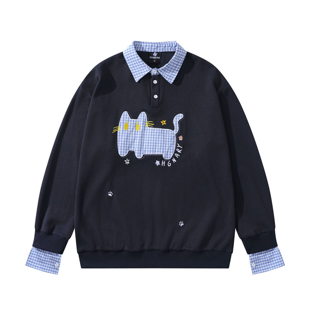 Plaid Collar Cat Embroidery Sweatshirt – Faux Two-Piece Button Polo Men's Top