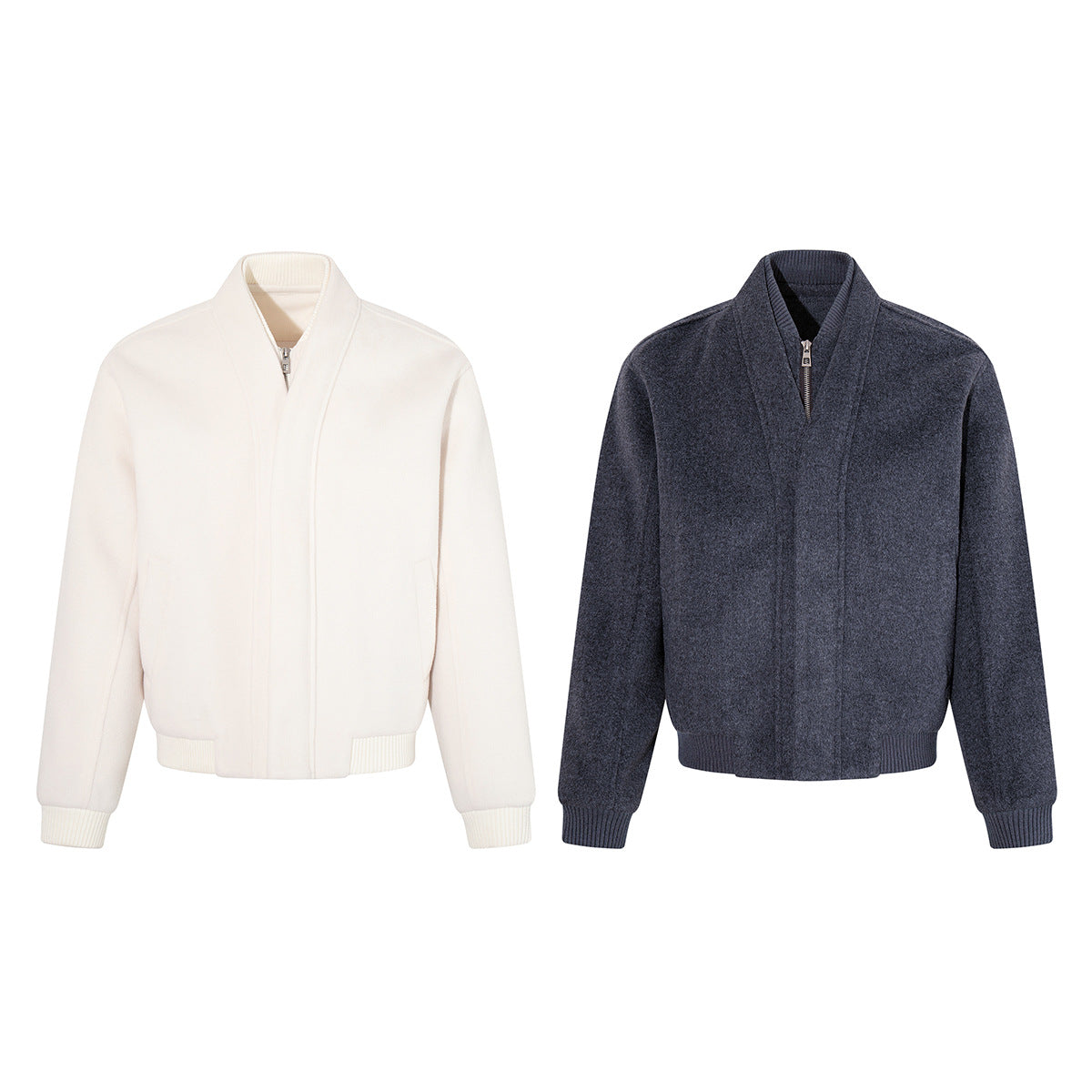 Men's wool blend bomber jacket with double-layer collar and zip closure in cream and charcoal grey