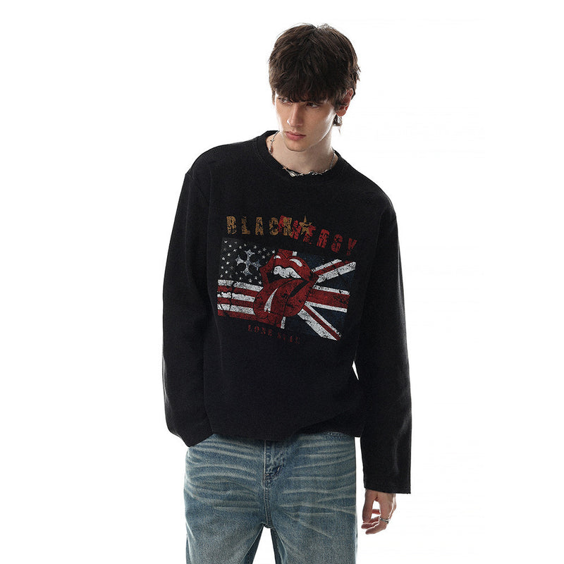 Long Sleeve Waffle Knit Graphic Tee – US & UK Flag Rock Print