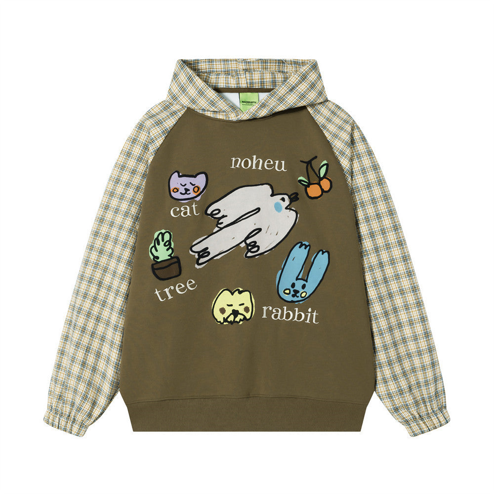 Oversized Herren-Hoodie mit Raglanärmeln im Karomuster und Cartoon-Tiermotiv auf der Brust, in Olivgrün